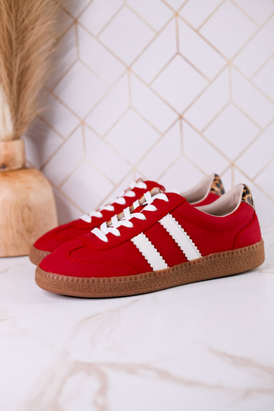 Heads Up Classic Red Sneakers With Leopard Print Heel Tab - Whiskey Skies - CORKYS FOOTWEAR