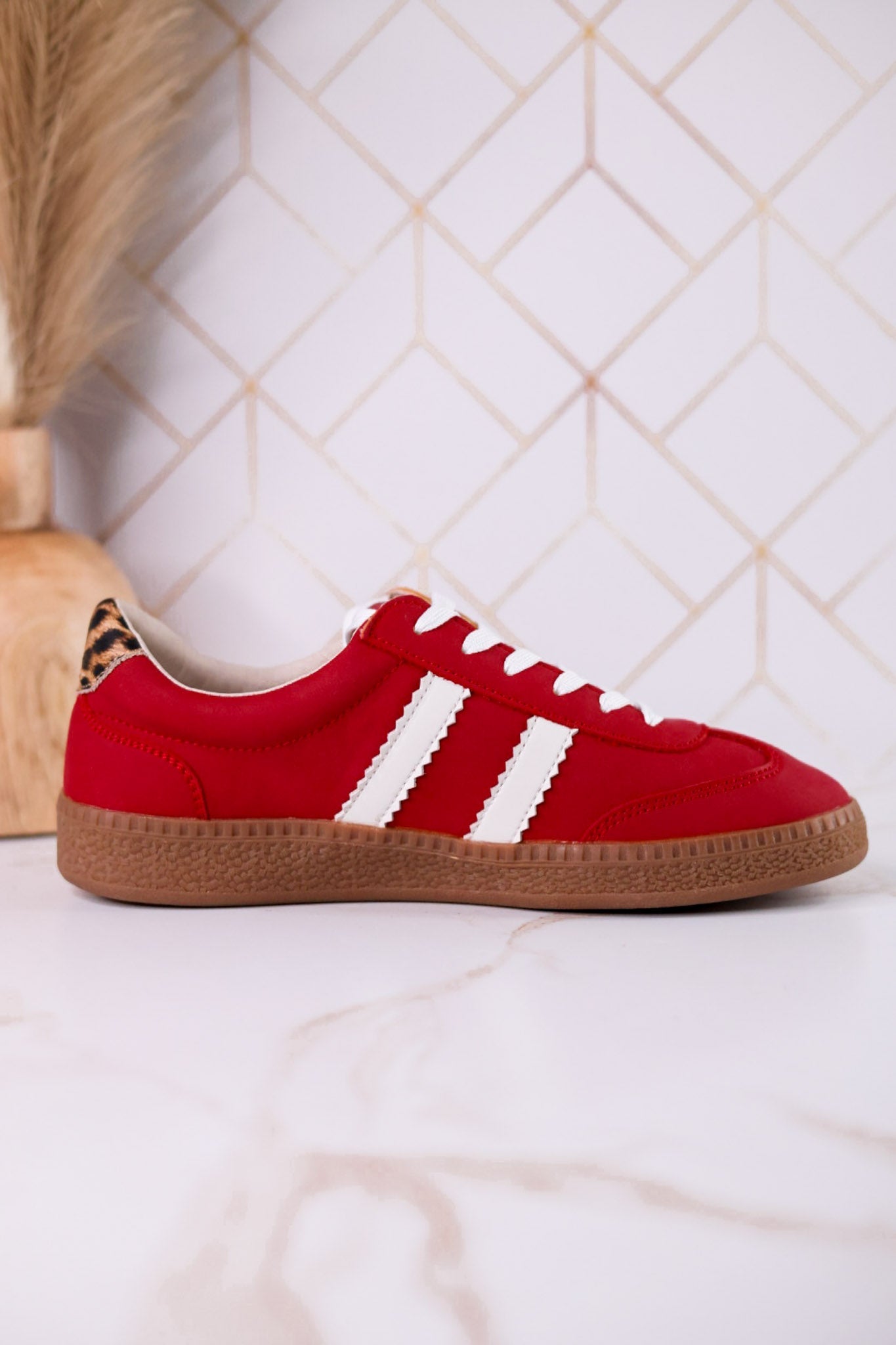 Heads Up Classic Red Sneakers With Leopard Print Heel Tab - Whiskey Skies - CORKYS FOOTWEAR