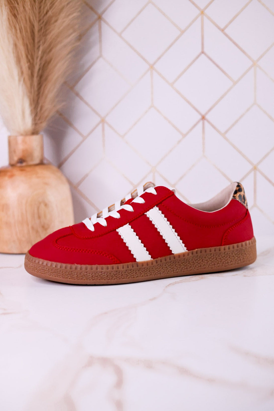 Heads Up Classic Red Sneakers With Leopard Print Heel Tab - Whiskey Skies - CORKYS FOOTWEAR