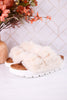 Hearsay Ivory Fur Slides - Whiskey Skies - CORKYS FOOTWEAR