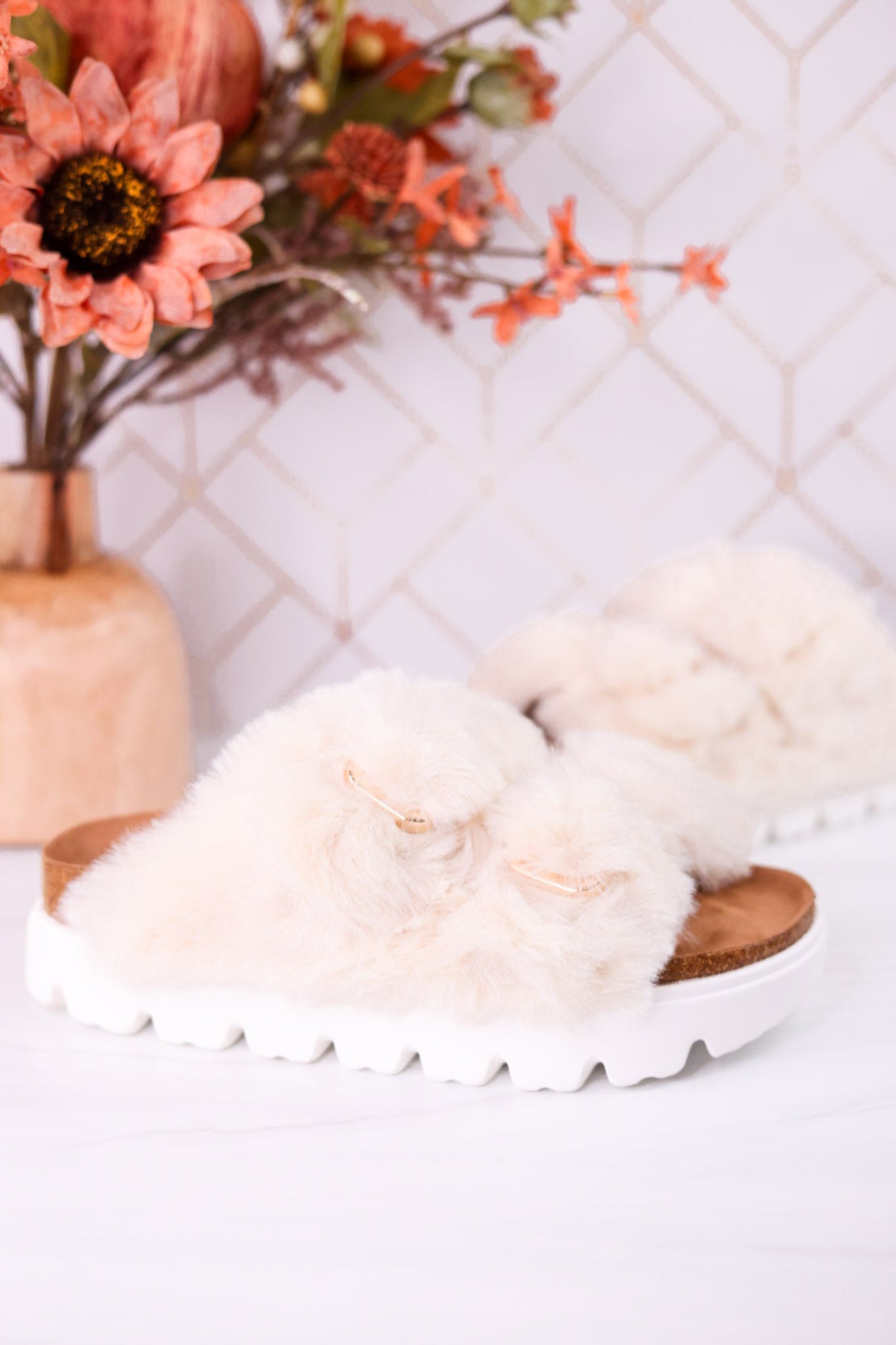Hearsay Ivory Fur Slides - Whiskey Skies - CORKYS FOOTWEAR