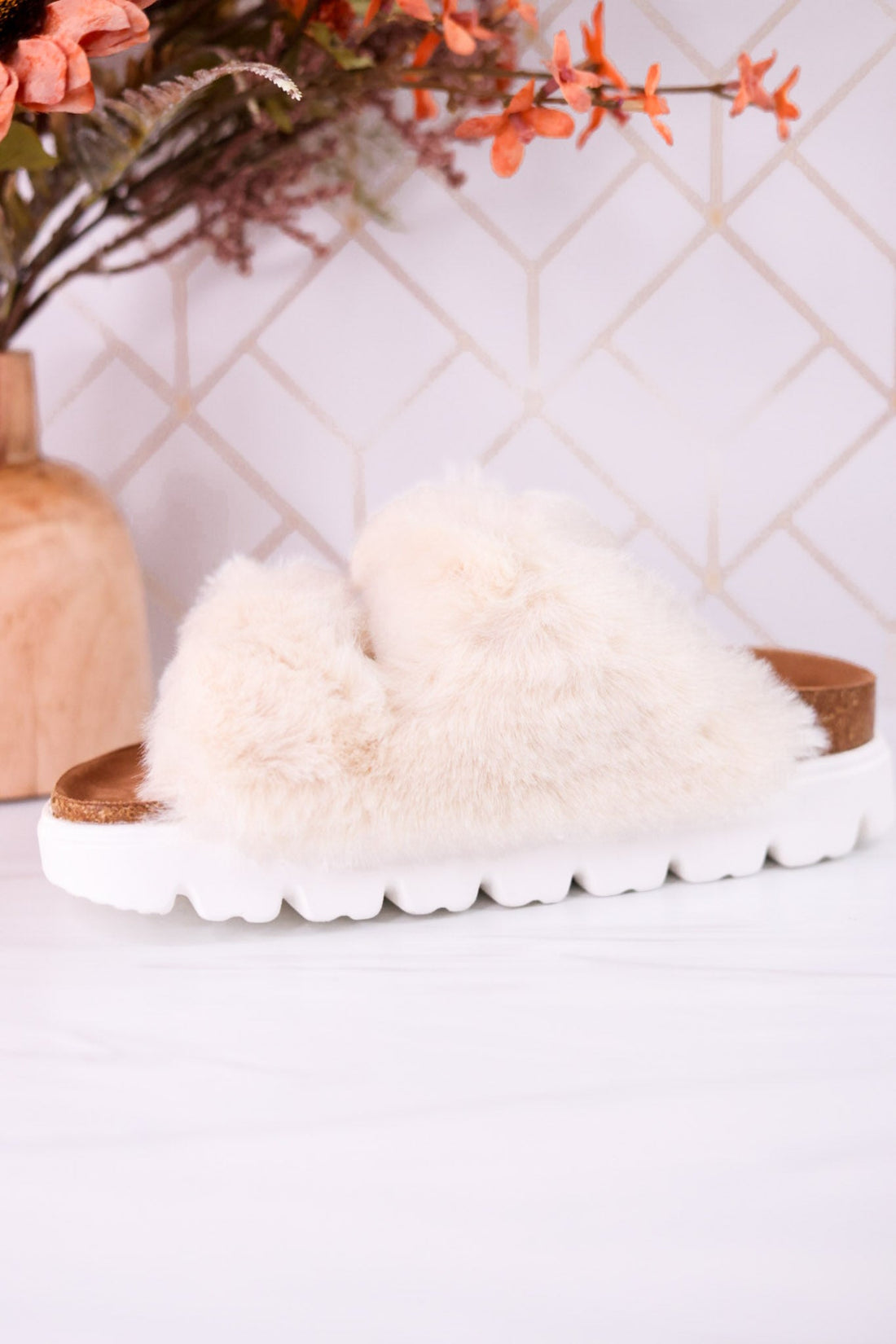 Hearsay Ivory Fur Slides - Whiskey Skies - CORKYS FOOTWEAR