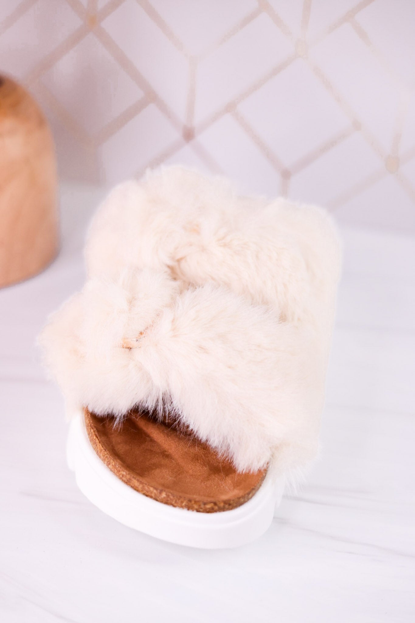 Hearsay Ivory Fur Slides - Whiskey Skies - CORKYS FOOTWEAR