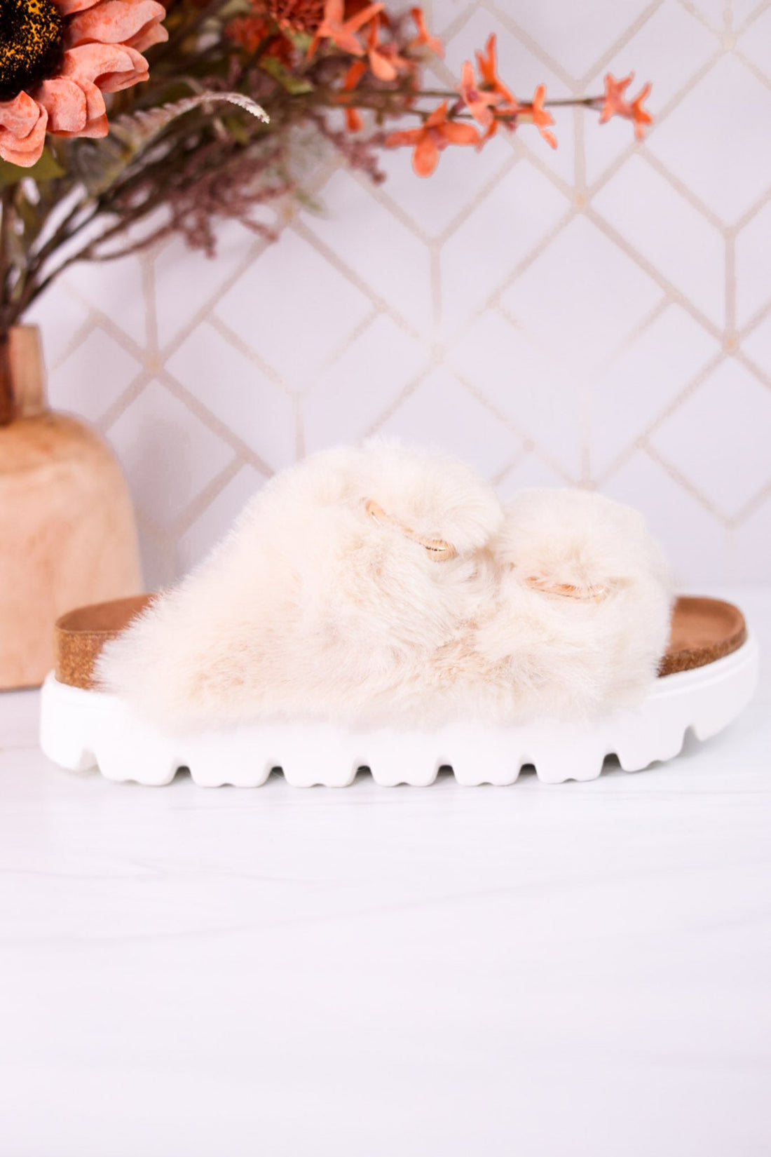 Hearsay Ivory Fur Slides - Whiskey Skies - CORKYS FOOTWEAR