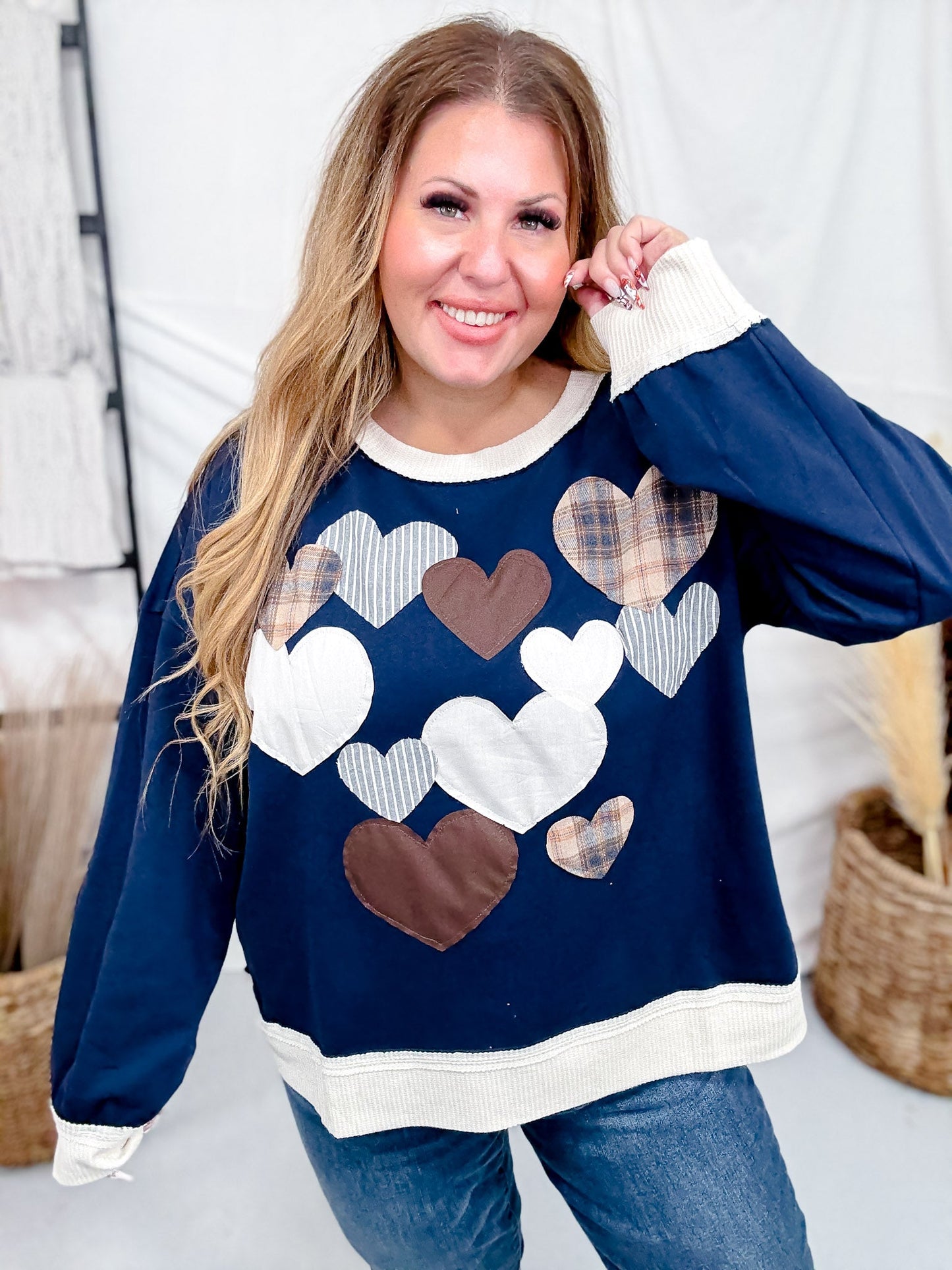 Heart Applique Sweatshirt W/ Contrasting Rib Trim - Whiskey Skies - ODDI