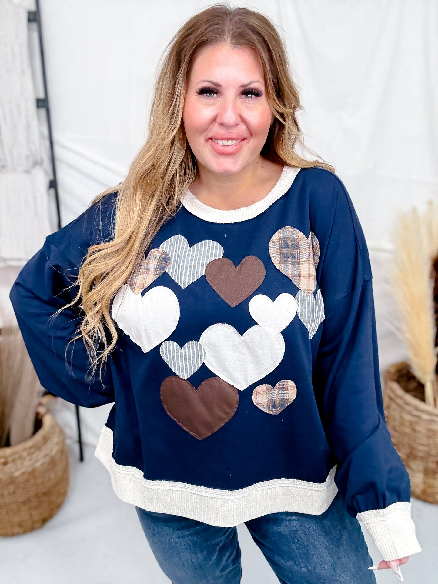 Heart Applique Sweatshirt W/ Contrasting Rib Trim - Whiskey Skies - ODDI