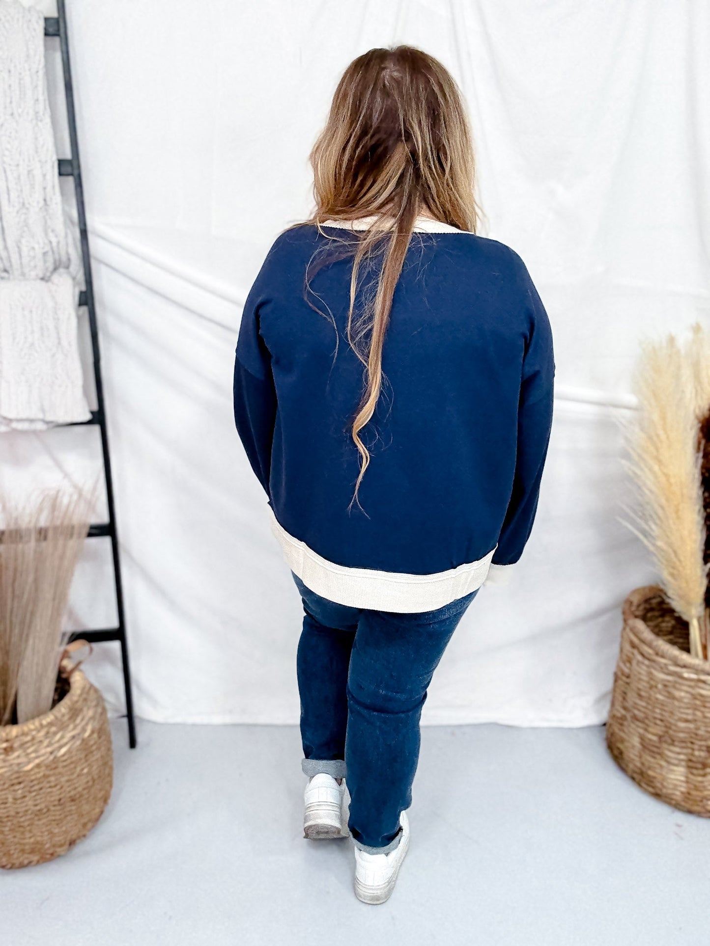 Heart Applique Sweatshirt W/ Contrasting Rib Trim - Whiskey Skies - ODDI