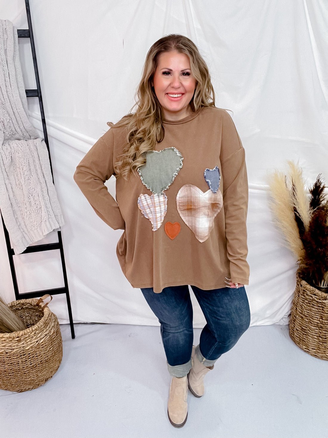 Heart Patch Mineral Washed Knit Top - Whiskey Skies - EASEL