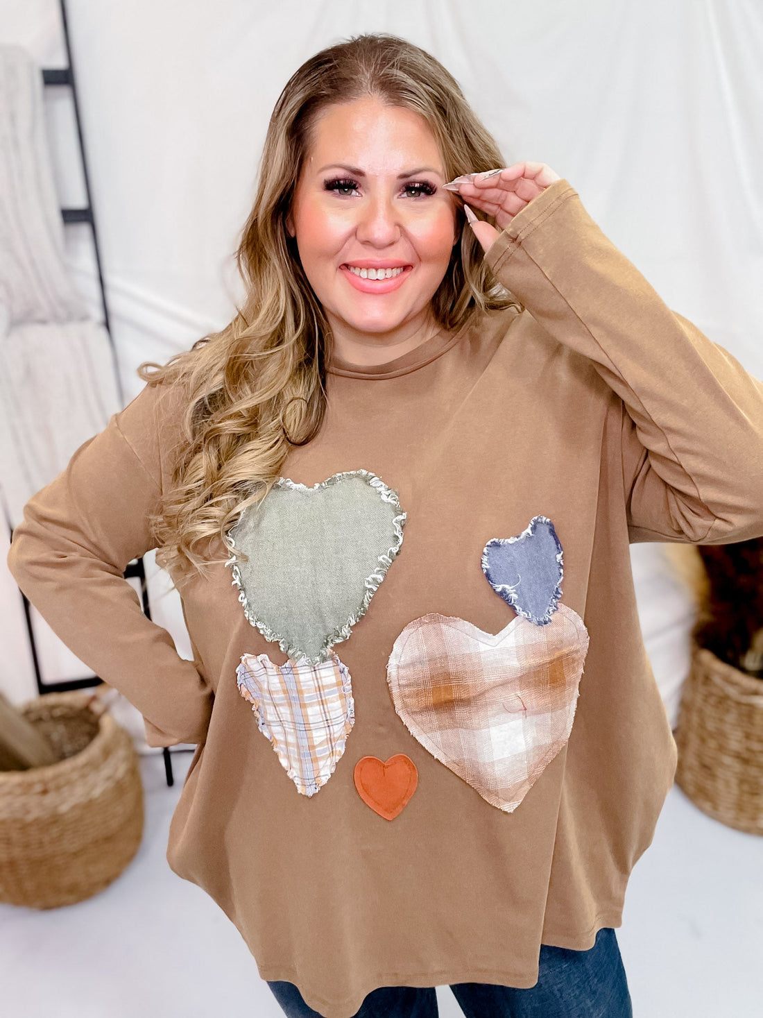 Heart Patch Mineral Washed Knit Top - Whiskey Skies - EASEL