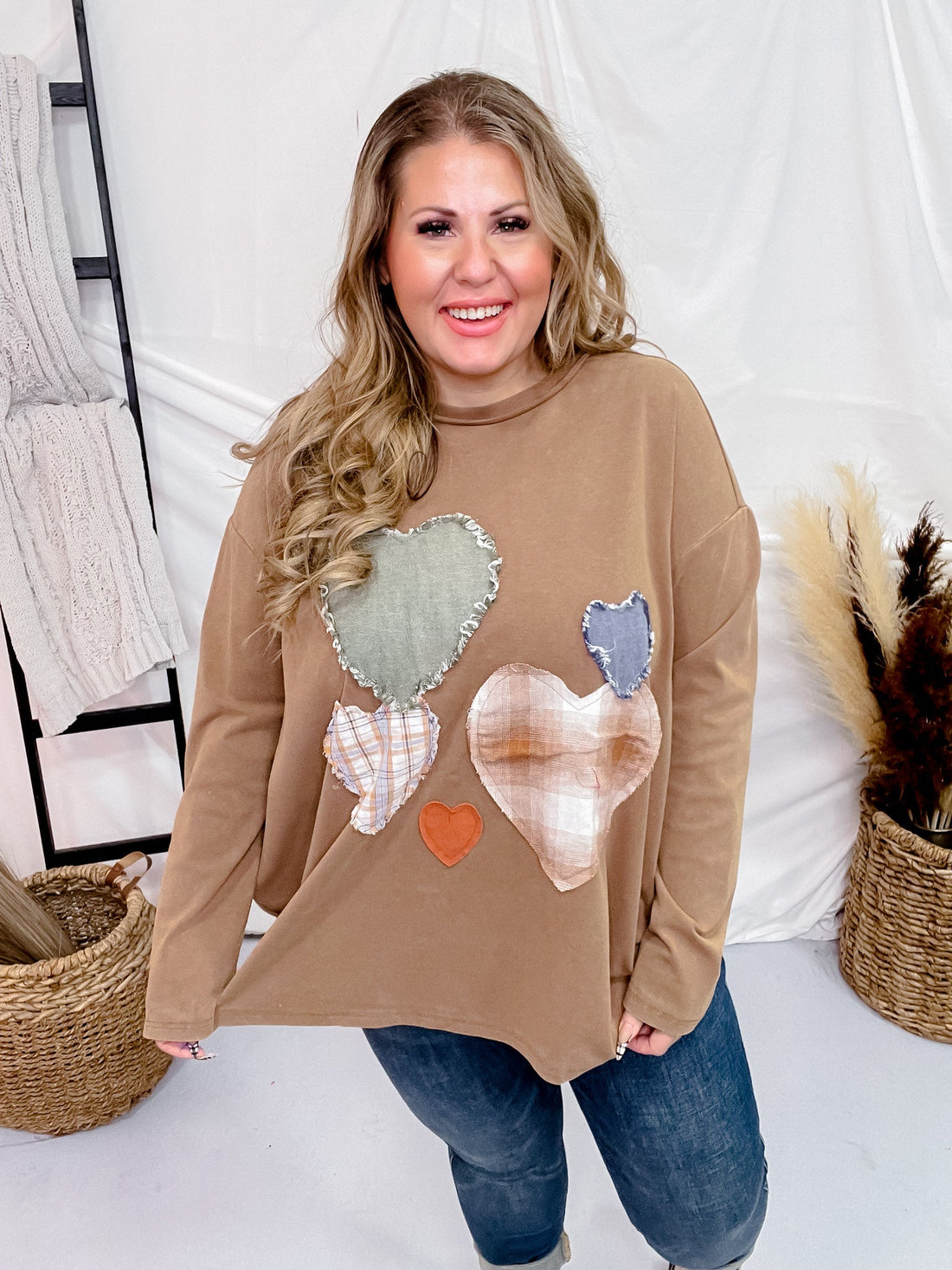 Heart Patch Mineral Washed Knit Top - Whiskey Skies - EASEL