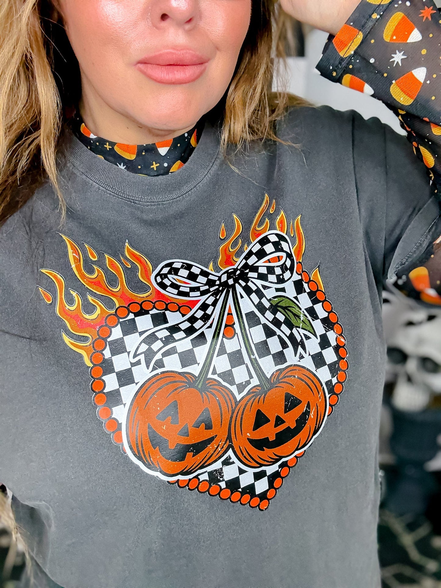 Heart Pumpkin Flames Halloween Graphic T-Shirt - Whiskey Skies - THE LATTIMORE CLAIM