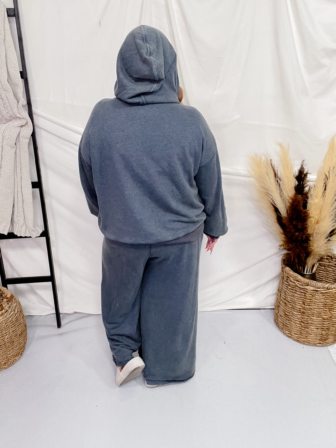 Heather Blue Acid Washed Flower Patch Zipped Hood Sweatshirt - Whiskey Skies - ODDI