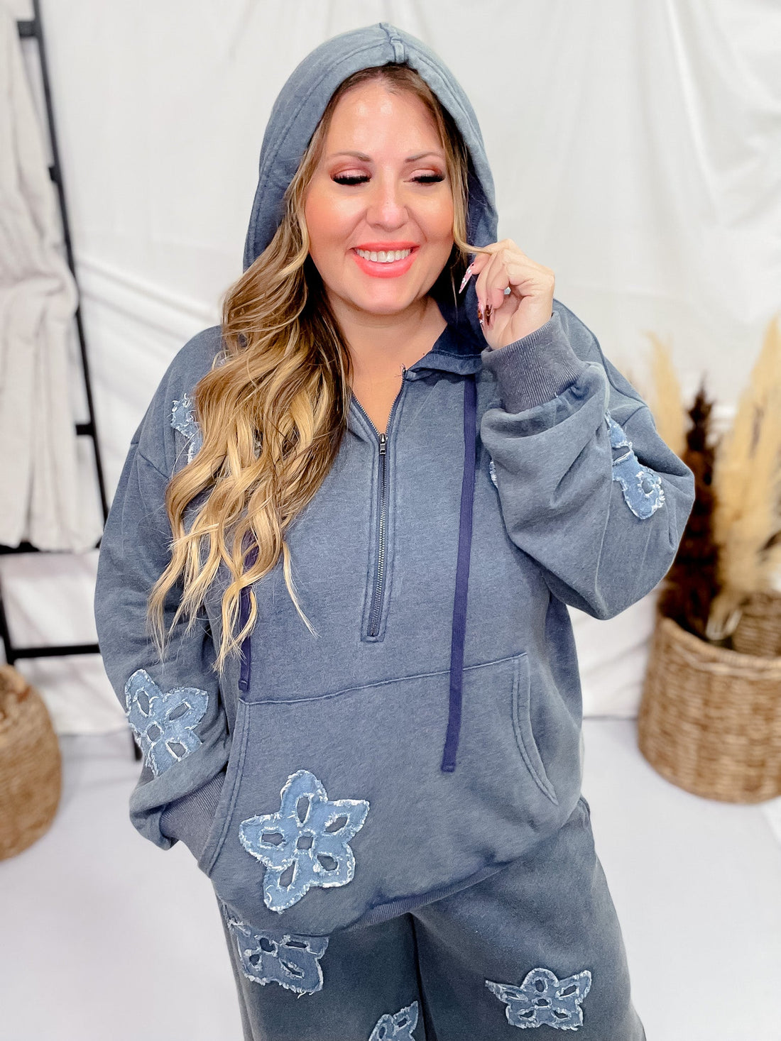 Heather Blue Acid Washed Flower Patch Zipped Hood Sweatshirt - Whiskey Skies - ODDI