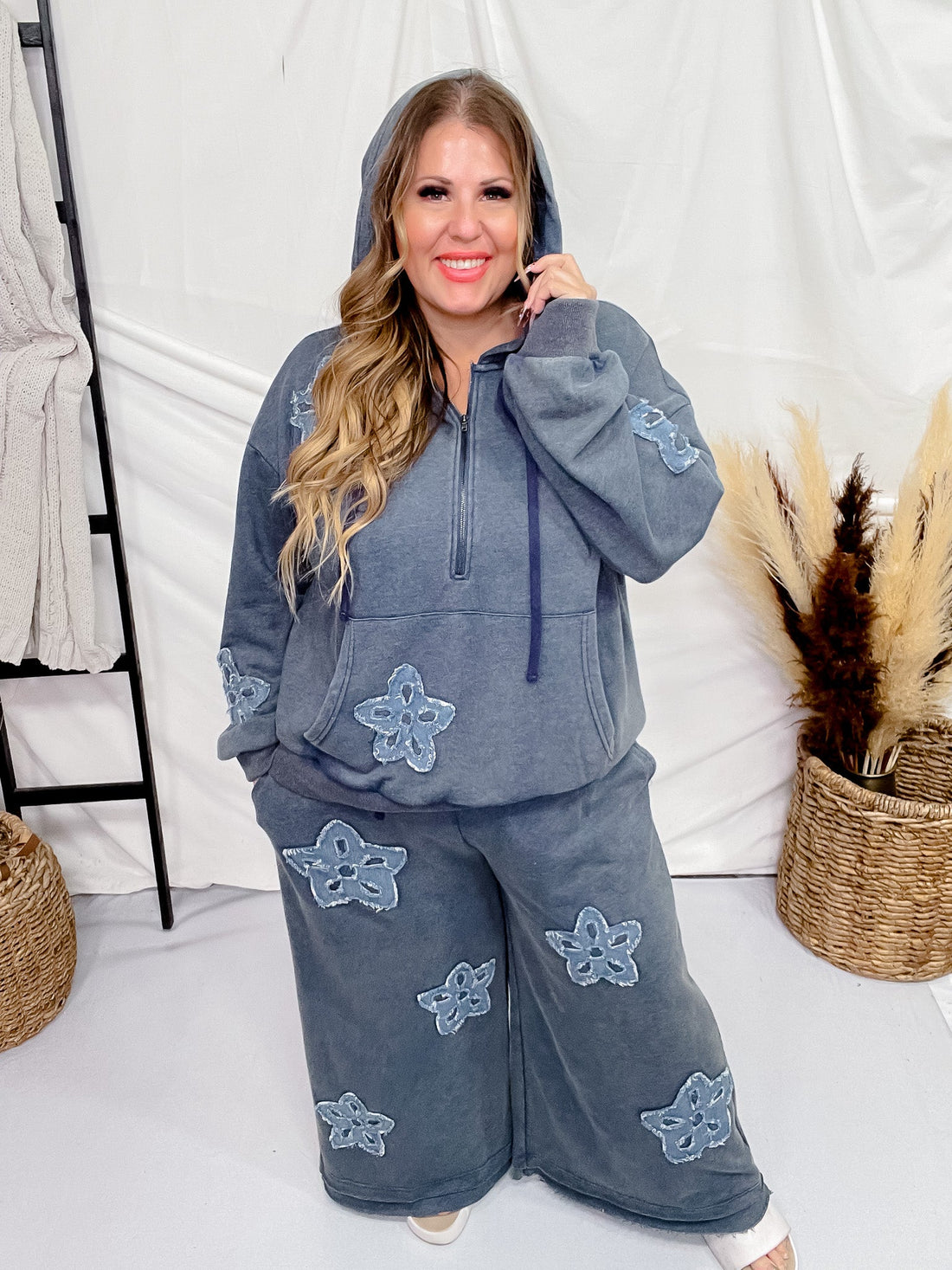 Heather Blue Acid Washed Flower Patch Zipped Hood Sweatshirt - Whiskey Skies - ODDI