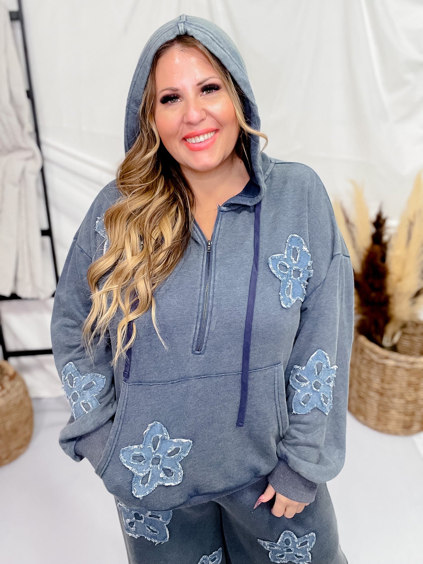 Heather Blue Acid Washed Flower Patch Zipped Hood Sweatshirt - Whiskey Skies - ODDI