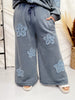 Heather Blue Flower Patch Acid Washed Cropped Palazzo Pants - Whiskey Skies - ODDI