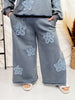 Heather Blue Flower Patch Acid Washed Cropped Palazzo Pants - Whiskey Skies - ODDI