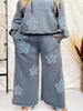 Heather Blue Flower Patch Acid Washed Cropped Palazzo Pants - Whiskey Skies - ODDI