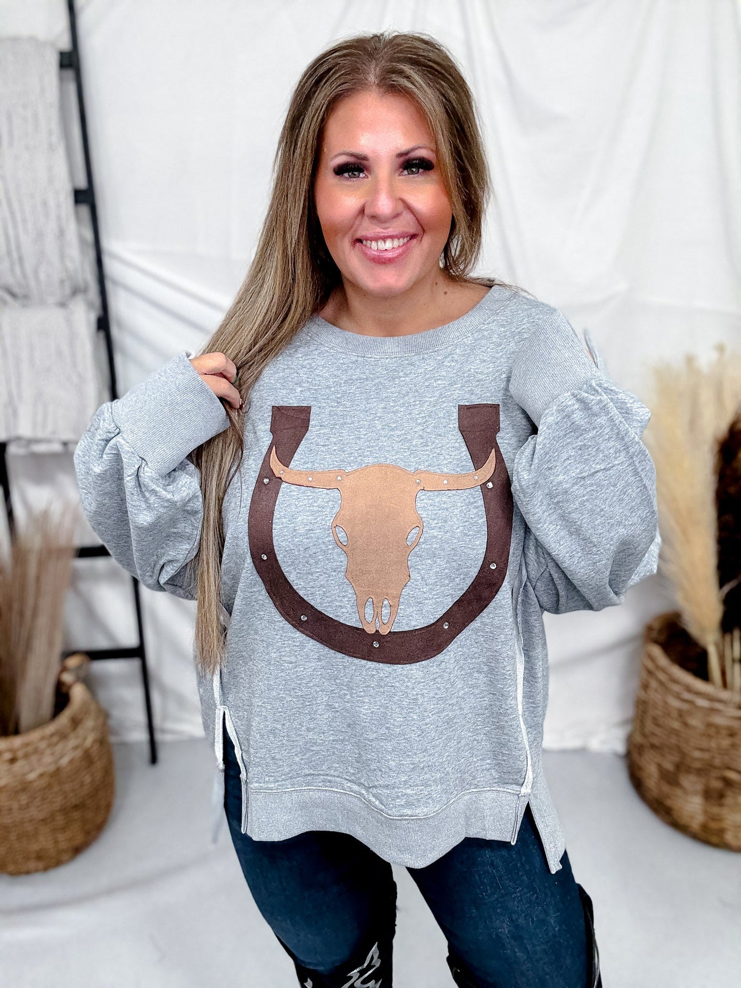 Heather Gray Cow Skull & Horseshoe Sweatshirt - Whiskey Skies - ODDI