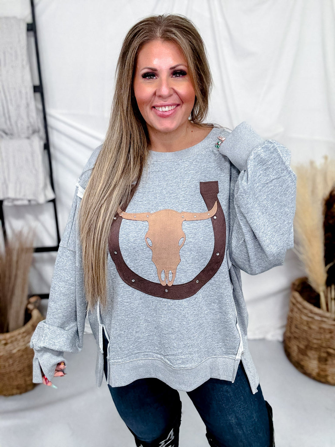 Heather Gray Cow Skull & Horseshoe Sweatshirt - Whiskey Skies - ODDI