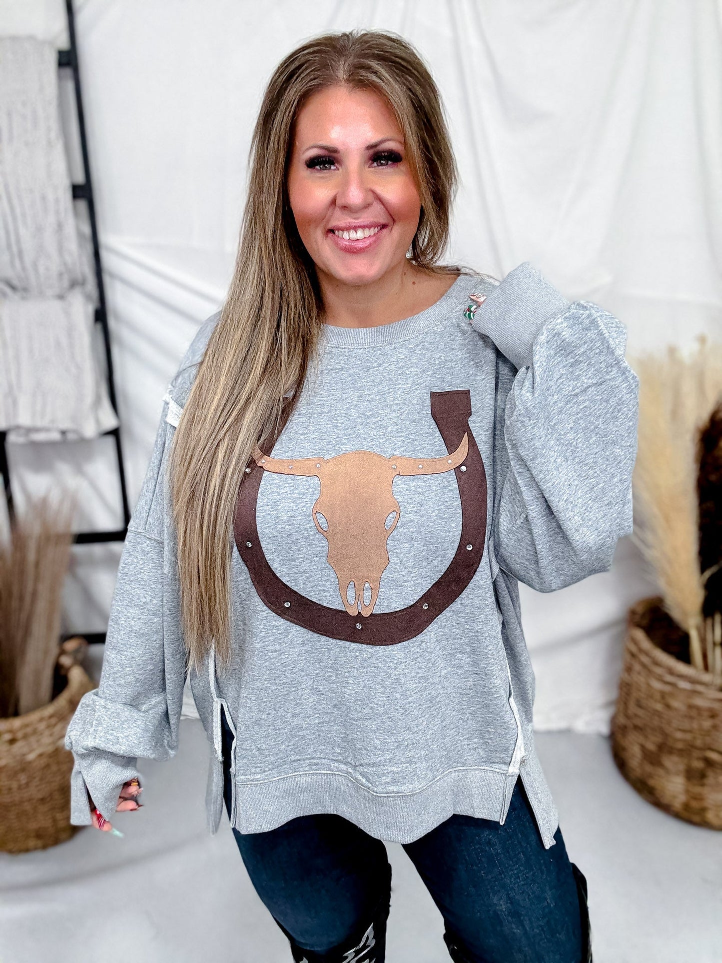 Heather Gray Cow Skull & Horseshoe Sweatshirt - Whiskey Skies - ODDI