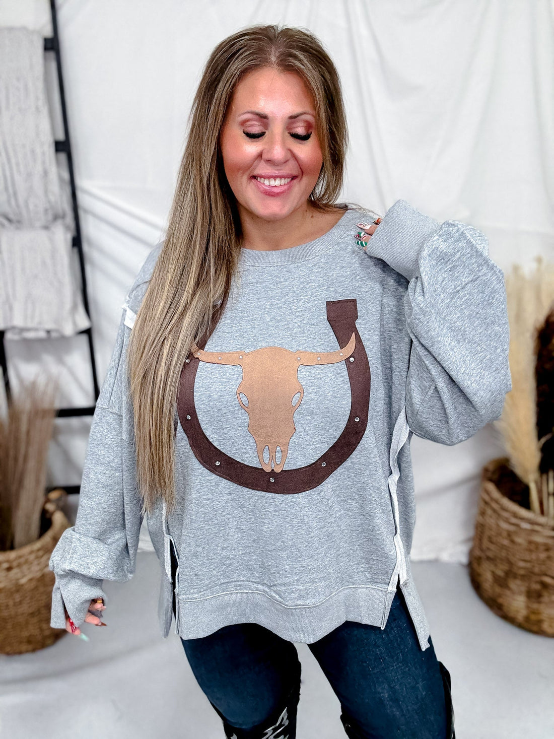 Heather Gray Cow Skull & Horseshoe Sweatshirt - Whiskey Skies - ODDI