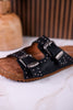 "Heidi" Black Floral Embossed Sandals With Western Style Buckles - Whiskey Skies - VERY G