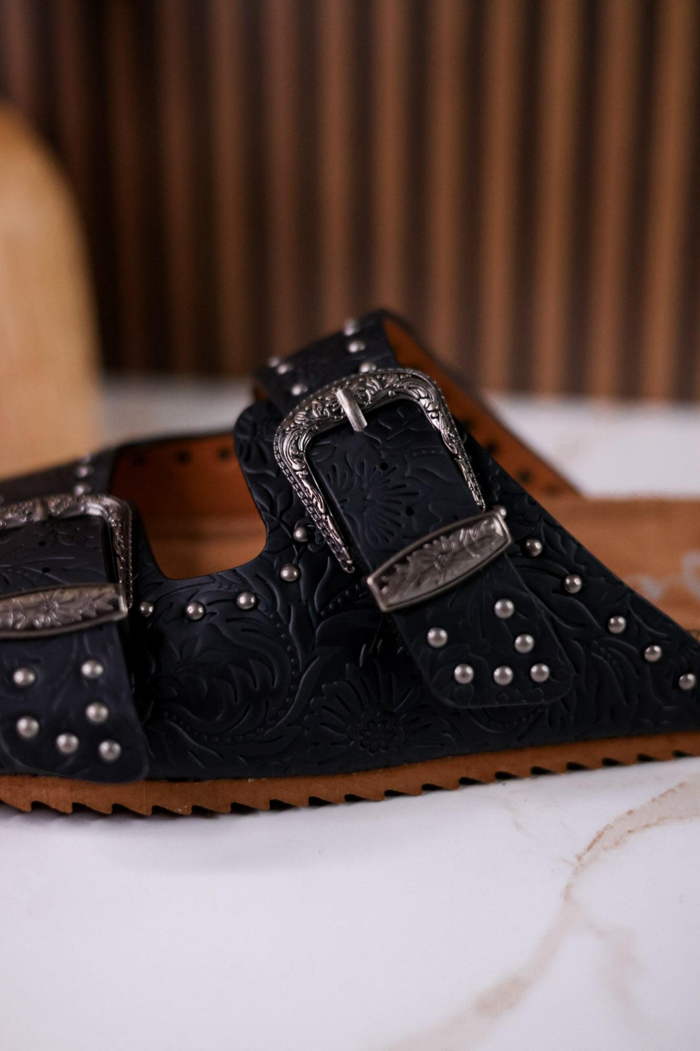 "Heidi" Black Floral Embossed Sandals With Western Style Buckles - Whiskey Skies - VERY G
