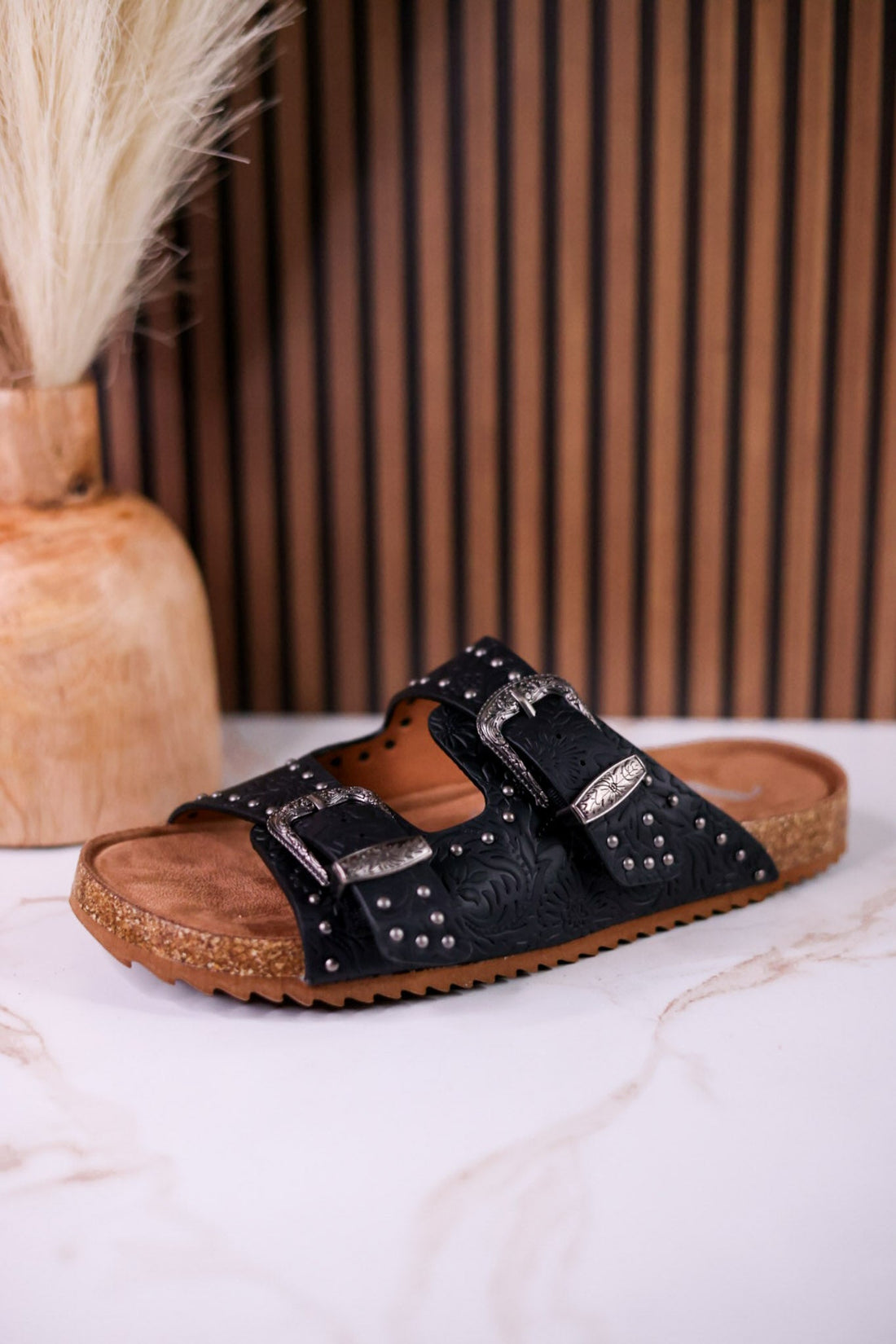 "Heidi" Black Floral Embossed Sandals With Western Style Buckles - Whiskey Skies - VERY G