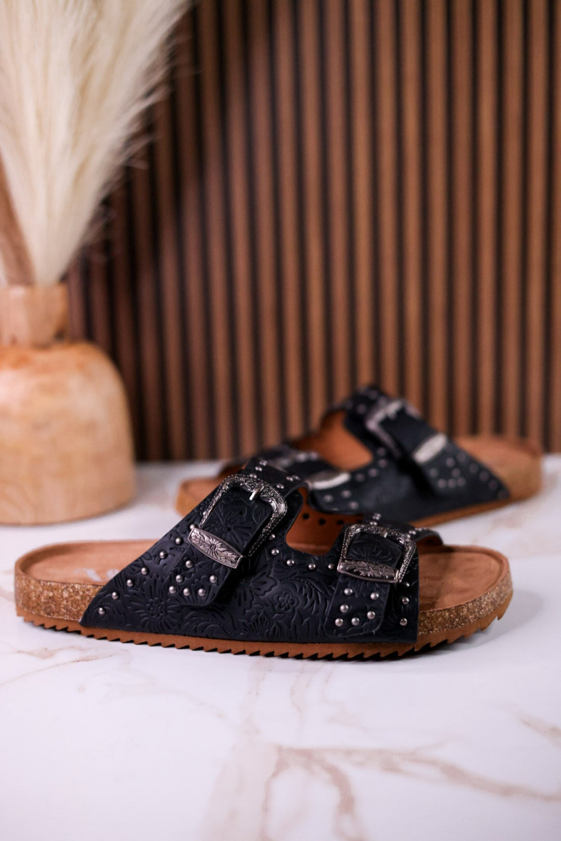 "Heidi" Black Floral Embossed Sandals With Western Style Buckles - Whiskey Skies - VERY G