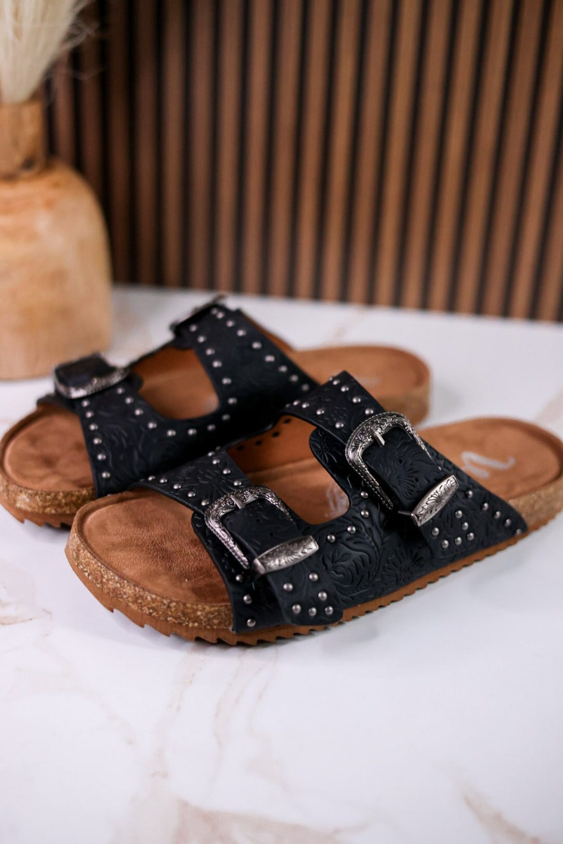 "Heidi" Black Floral Embossed Sandals With Western Style Buckles - Whiskey Skies - VERY G