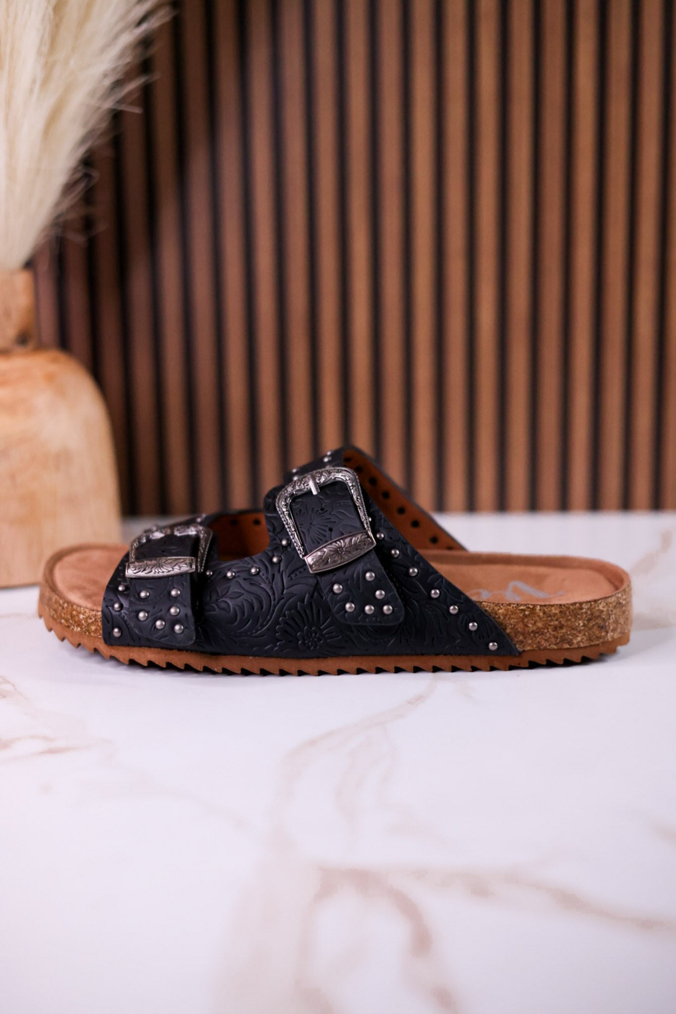 "Heidi" Black Floral Embossed Sandals With Western Style Buckles - Whiskey Skies - VERY G