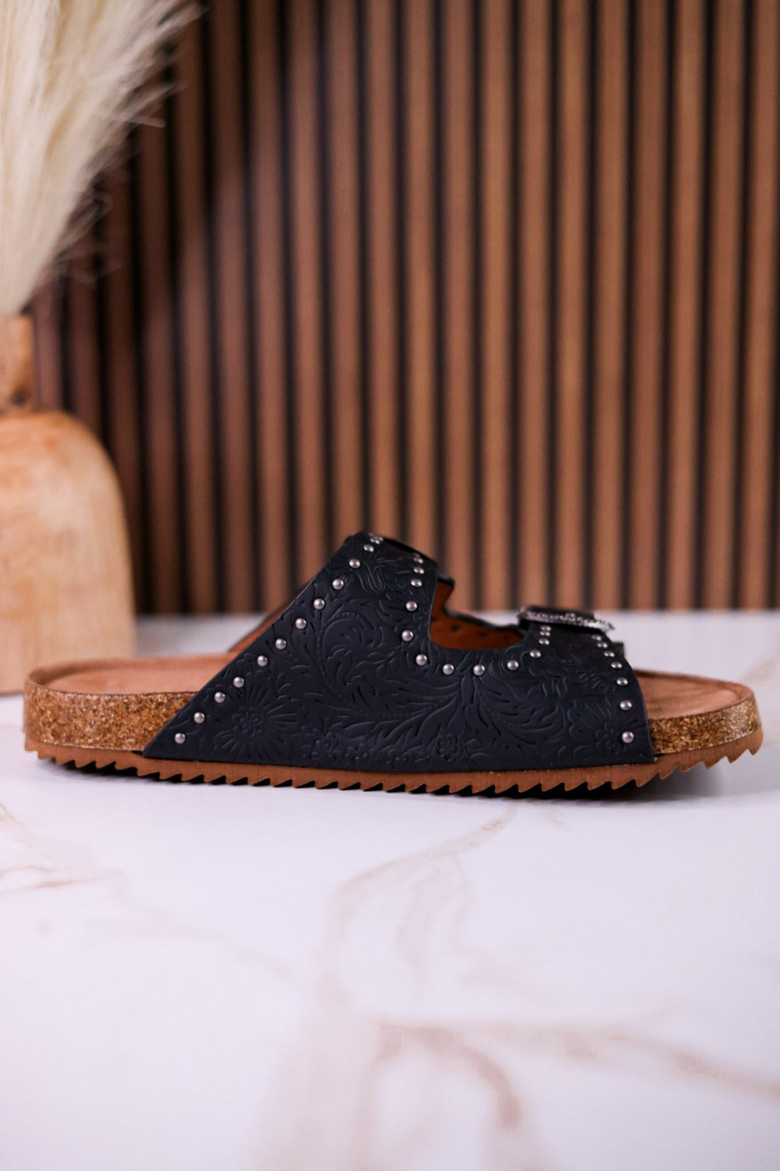 "Heidi" Black Floral Embossed Sandals With Western Style Buckles - Whiskey Skies - VERY G
