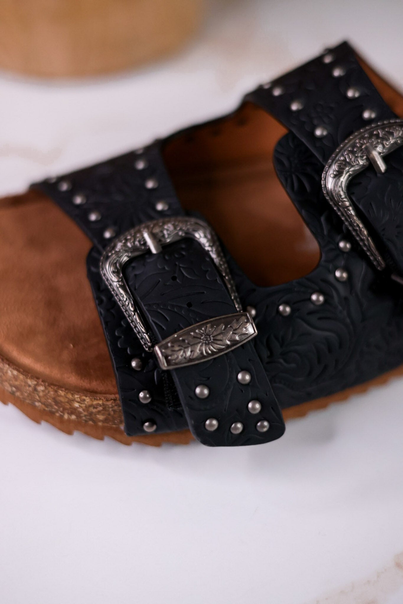 "Heidi" Black Floral Embossed Sandals With Western Style Buckles - Whiskey Skies - VERY G