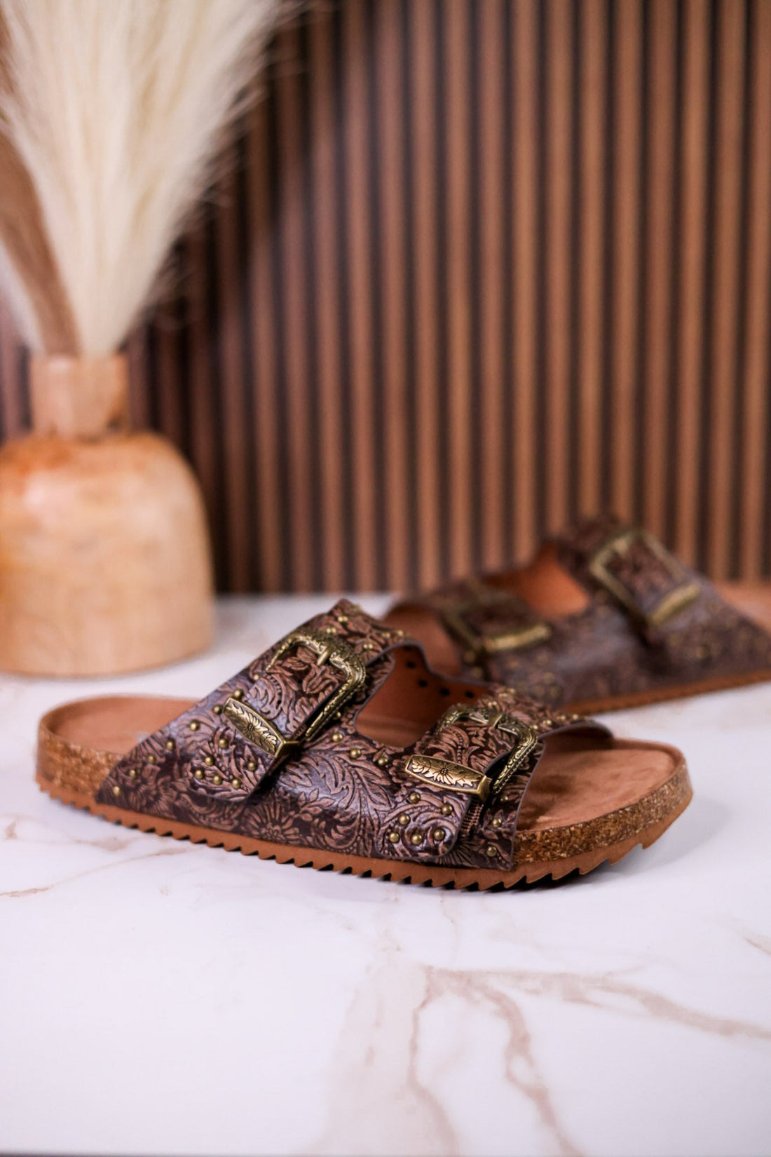 "Heidi" Brown Floral Embossed Sandals With Western Style Buckles - Whiskey Skies - VERY G