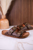 "Heidi" Brown Floral Embossed Sandals With Western Style Buckles - Whiskey Skies - VERY G