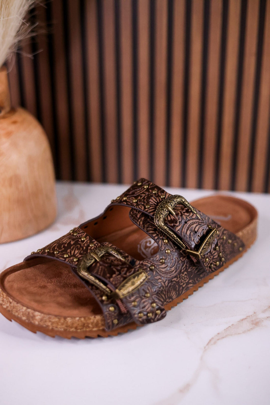 "Heidi" Brown Floral Embossed Sandals With Western Style Buckles - Whiskey Skies - VERY G