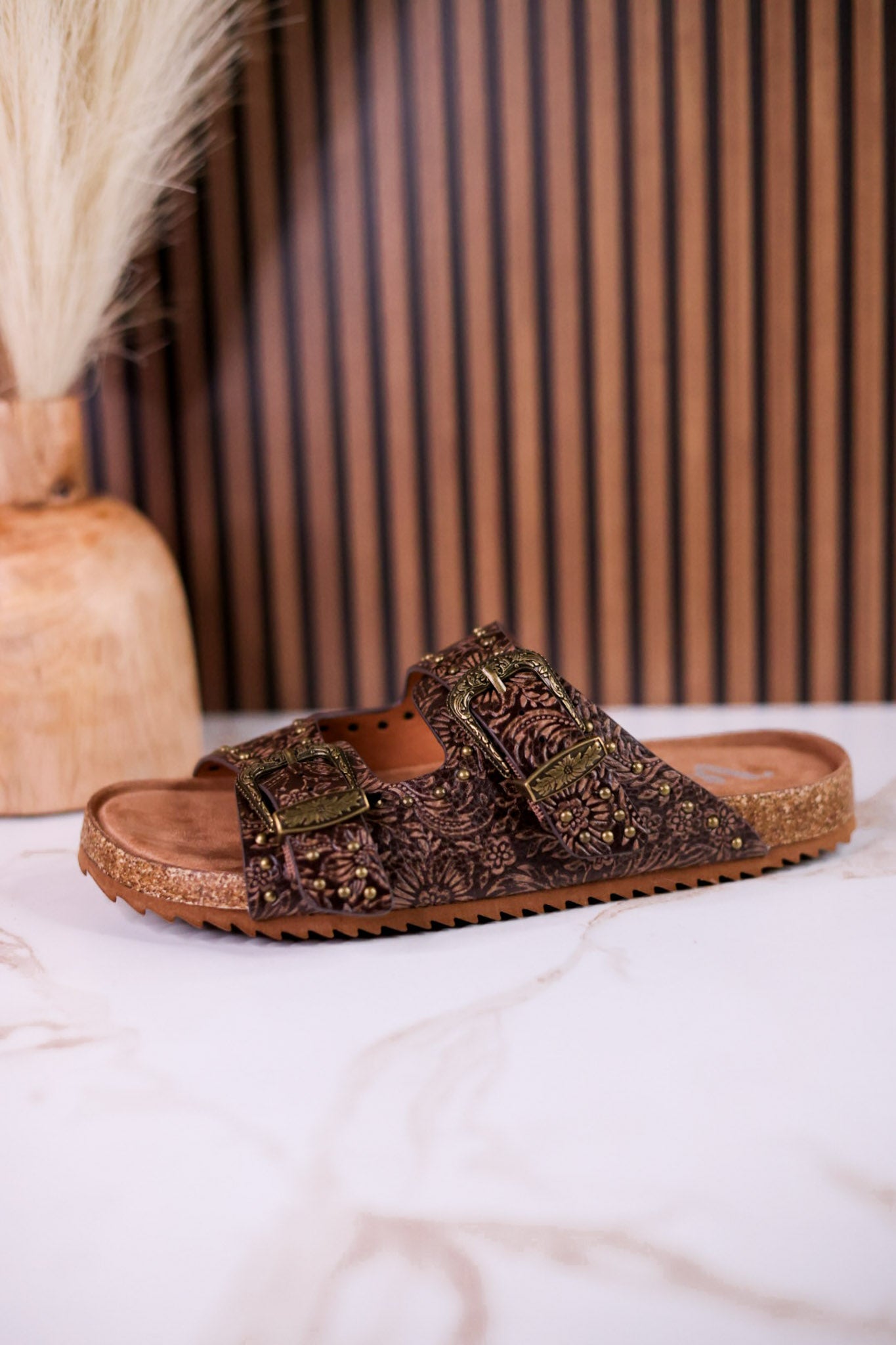 "Heidi" Brown Floral Embossed Sandals With Western Style Buckles - Whiskey Skies - VERY G