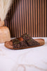 "Heidi" Brown Floral Embossed Sandals With Western Style Buckles - Whiskey Skies - VERY G