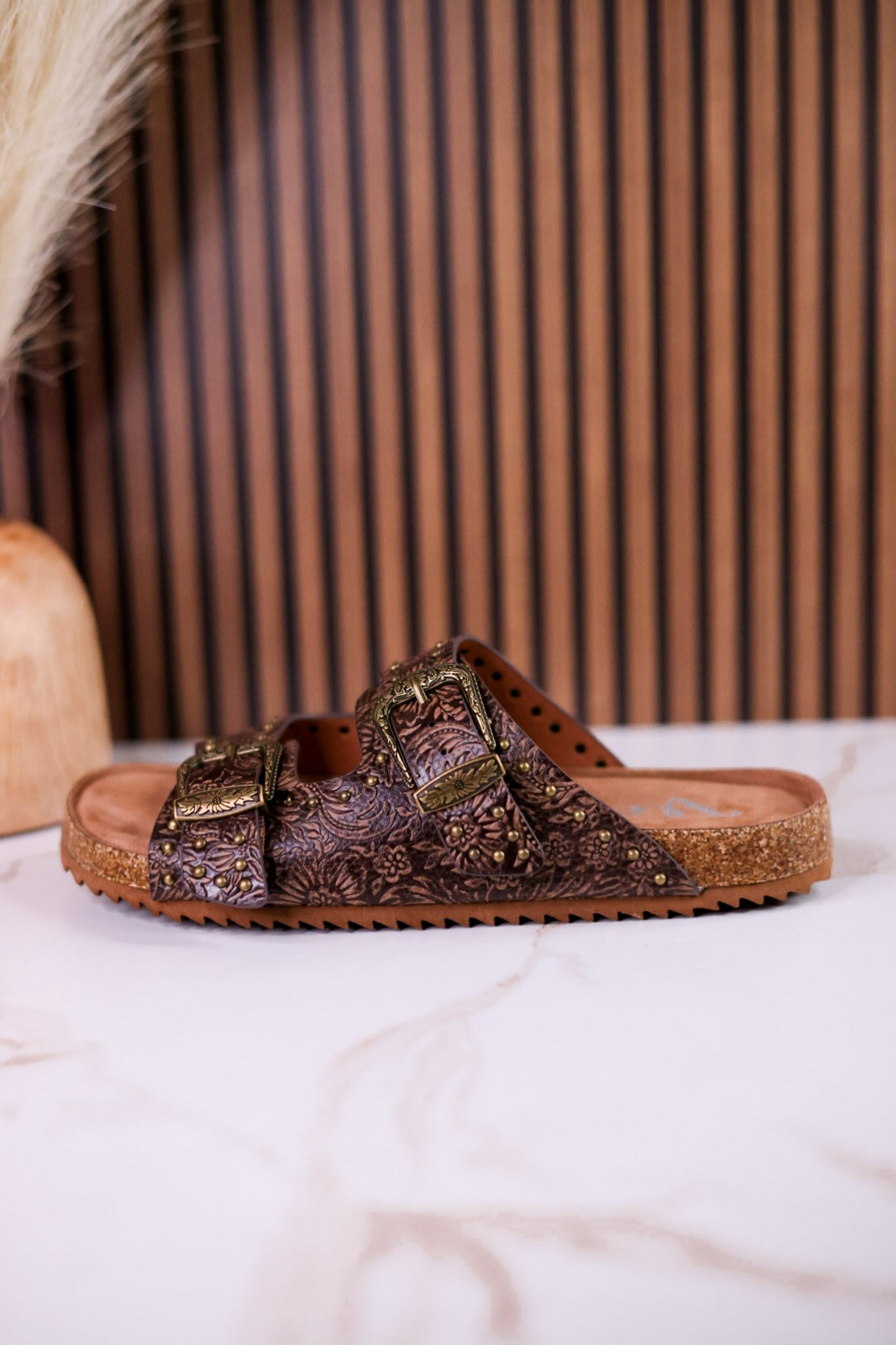 "Heidi" Brown Floral Embossed Sandals With Western Style Buckles - Whiskey Skies - VERY G