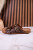 "Heidi" Brown Floral Embossed Sandals With Western Style Buckles - Whiskey Skies - VERY G