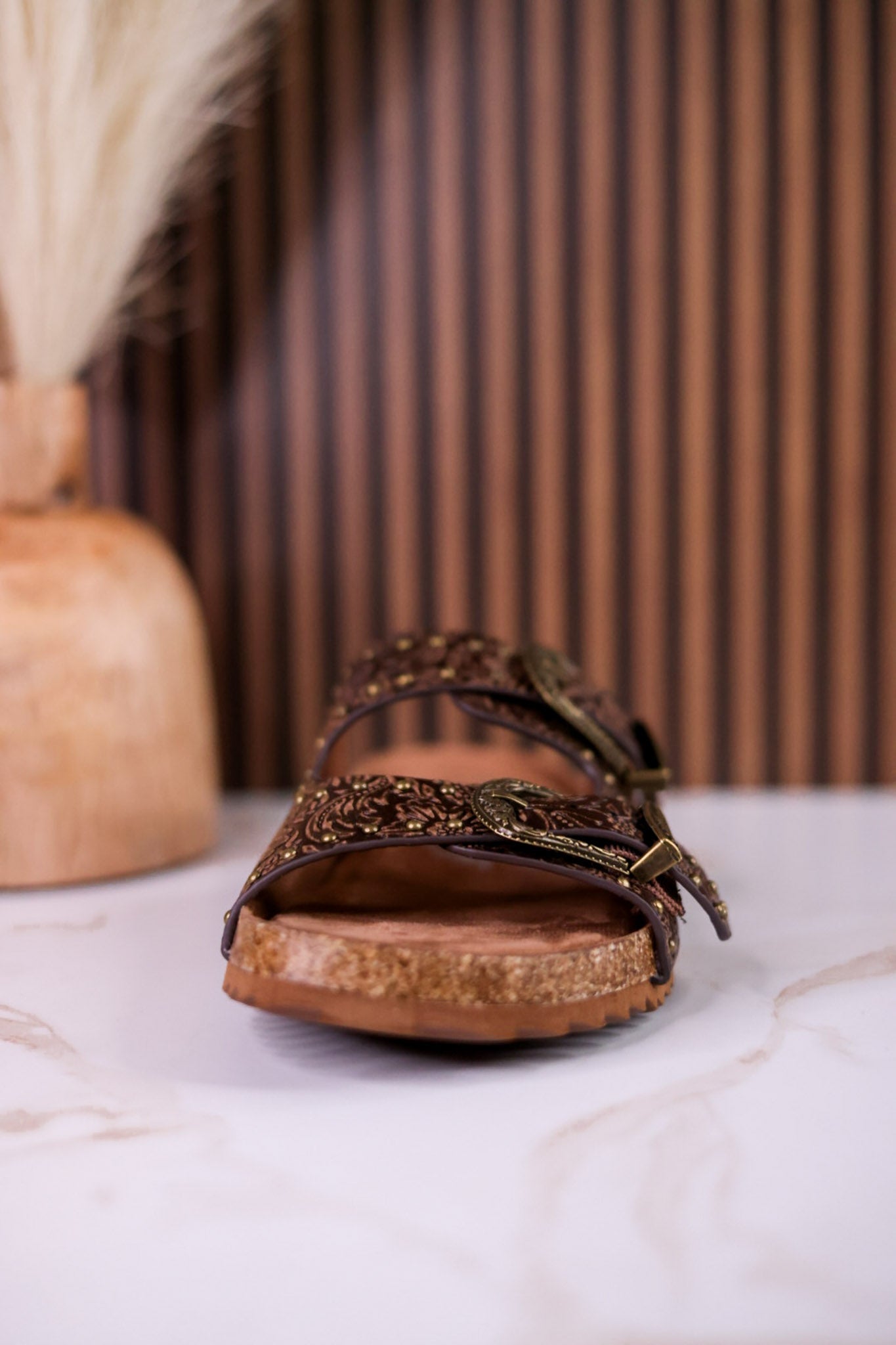 "Heidi" Brown Floral Embossed Sandals With Western Style Buckles - Whiskey Skies - VERY G