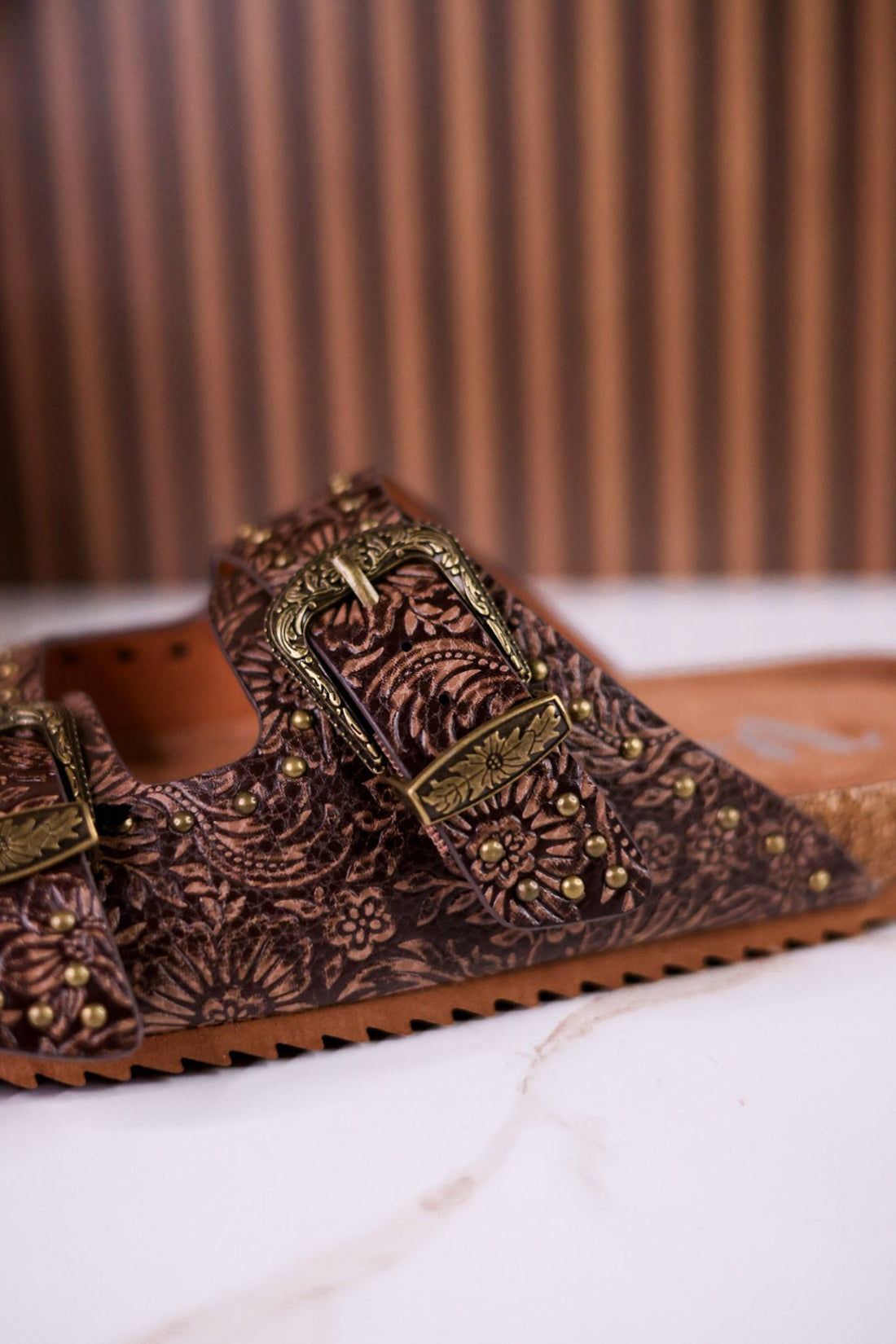 "Heidi" Brown Floral Embossed Sandals With Western Style Buckles - Whiskey Skies - VERY G