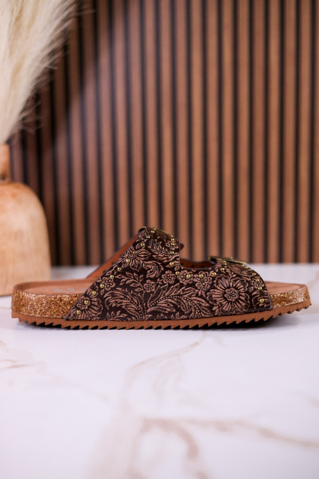 "Heidi" Brown Floral Embossed Sandals With Western Style Buckles - Whiskey Skies - VERY G