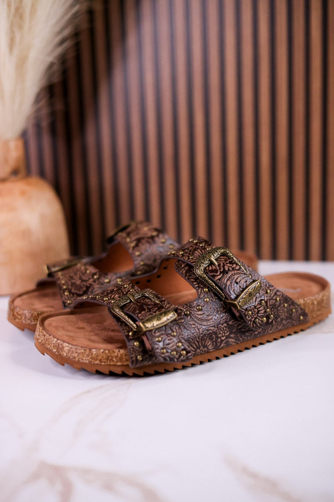 "Heidi" Brown Floral Embossed Sandals With Western Style Buckles - Whiskey Skies - VERY G