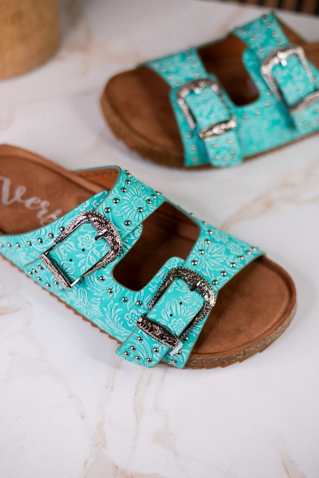 "Heidi" Turquoise Floral Embossed Sandals With Western Style Buckles - Whiskey Skies - VERY G
