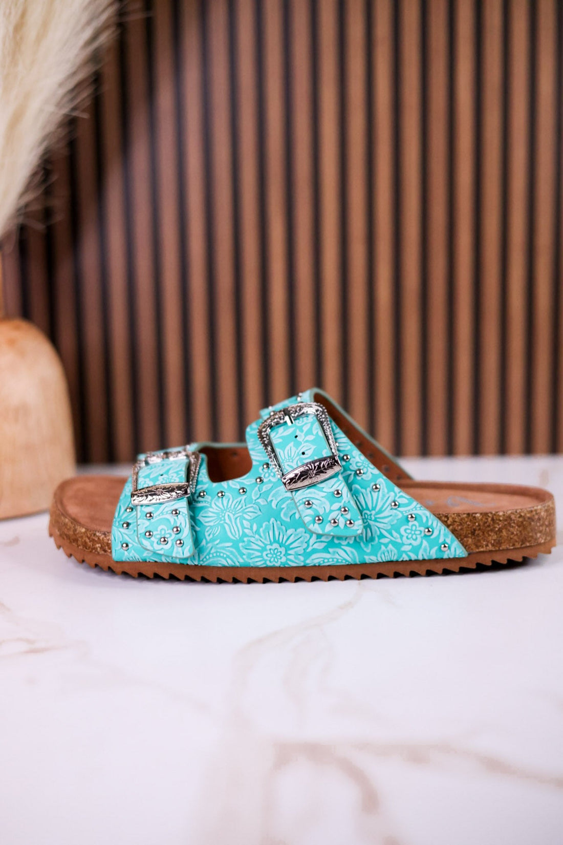 "Heidi" Turquoise Floral Embossed Sandals With Western Style Buckles - Whiskey Skies - VERY G