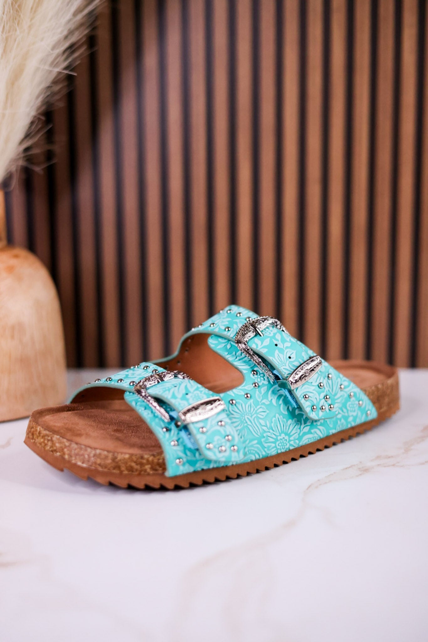 "Heidi" Turquoise Floral Embossed Sandals With Western Style Buckles - Whiskey Skies - VERY G
