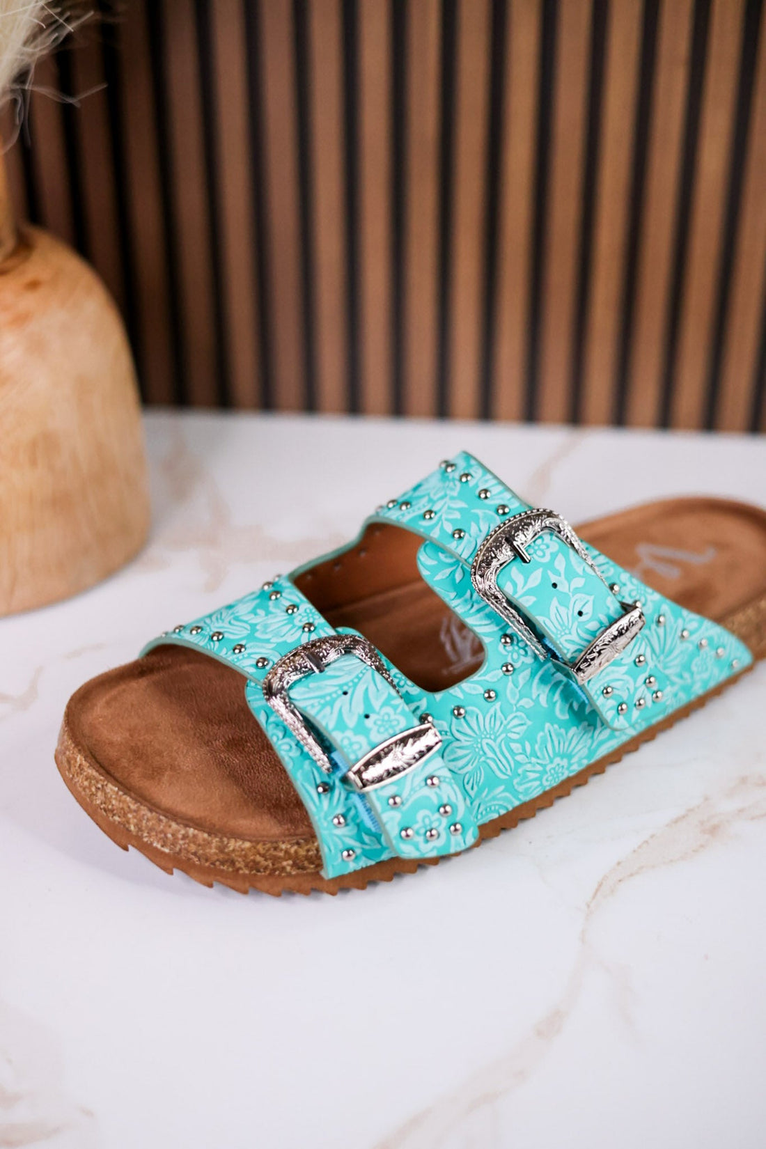 "Heidi" Turquoise Floral Embossed Sandals With Western Style Buckles - Whiskey Skies - VERY G