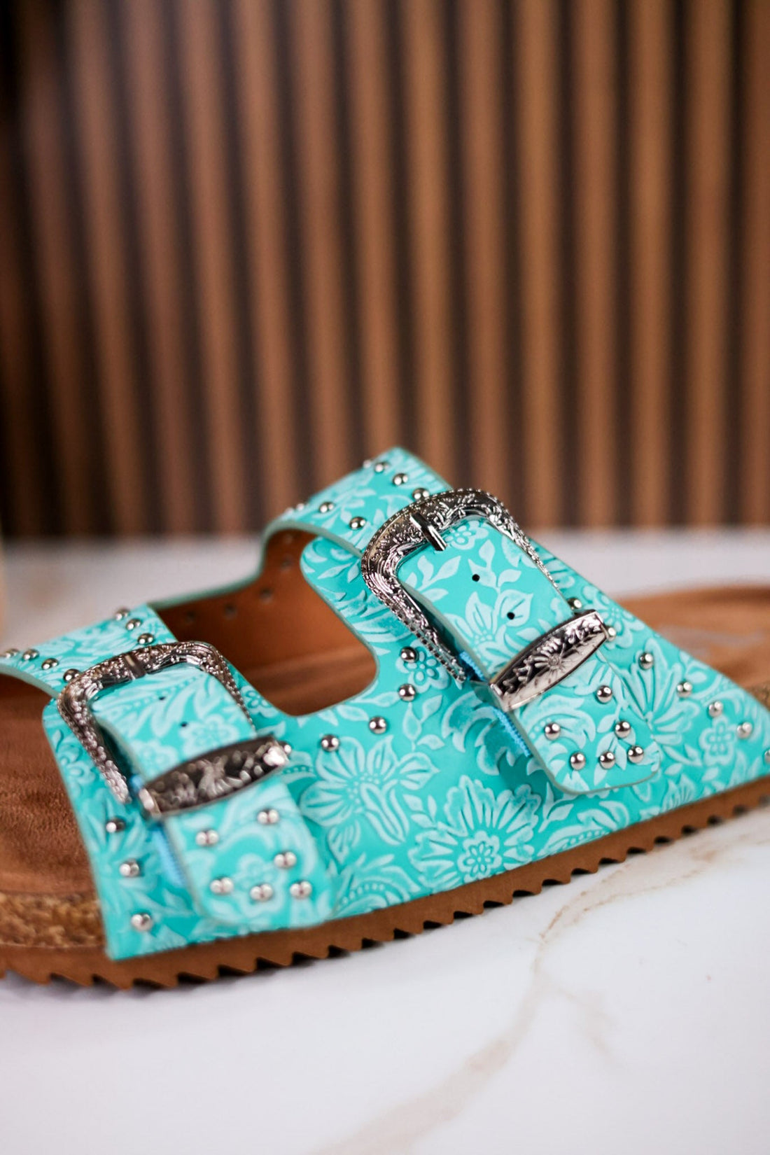 "Heidi" Turquoise Floral Embossed Sandals With Western Style Buckles - Whiskey Skies - VERY G